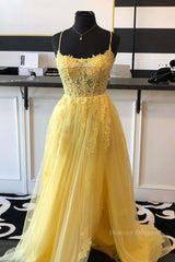 Evening Dresses For Party, A Line Backless Yellow Lace Floral Long Prom Dress with High Slit, Open Back Yellow Lace Formal Dress, Yellow Lace Evening Dress