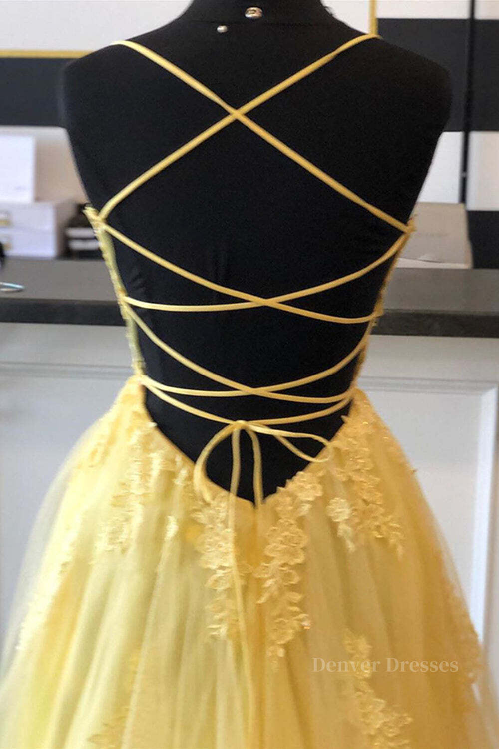Evening Dress For Party, A Line Backless Yellow Lace Floral Long Prom Dress with High Slit, Open Back Yellow Lace Formal Dress, Yellow Lace Evening Dress