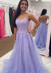 Graduation Outfit Ideas, A-line Bateau Court Train Tulle Glitter Prom Dress With Appliqued Beading