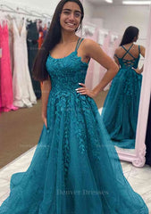 Ball Gown, A-line Bateau Court Train Tulle Glitter Prom Dress With Appliqued Beading