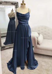 Prom Dress Long Blue, A-line Bateau Spaghetti Straps Long/Floor-Length Satin Prom Dress With Pleated Split