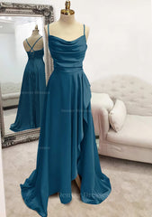 Prom Dress Blue Long, A-line Bateau Spaghetti Straps Long/Floor-Length Satin Prom Dress With Pleated Split