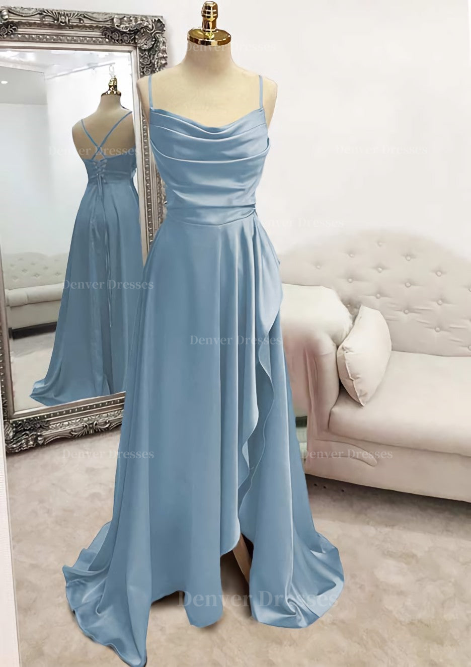 Prom Dresses Blue Long, A-line Bateau Spaghetti Straps Long/Floor-Length Satin Prom Dress With Pleated Split