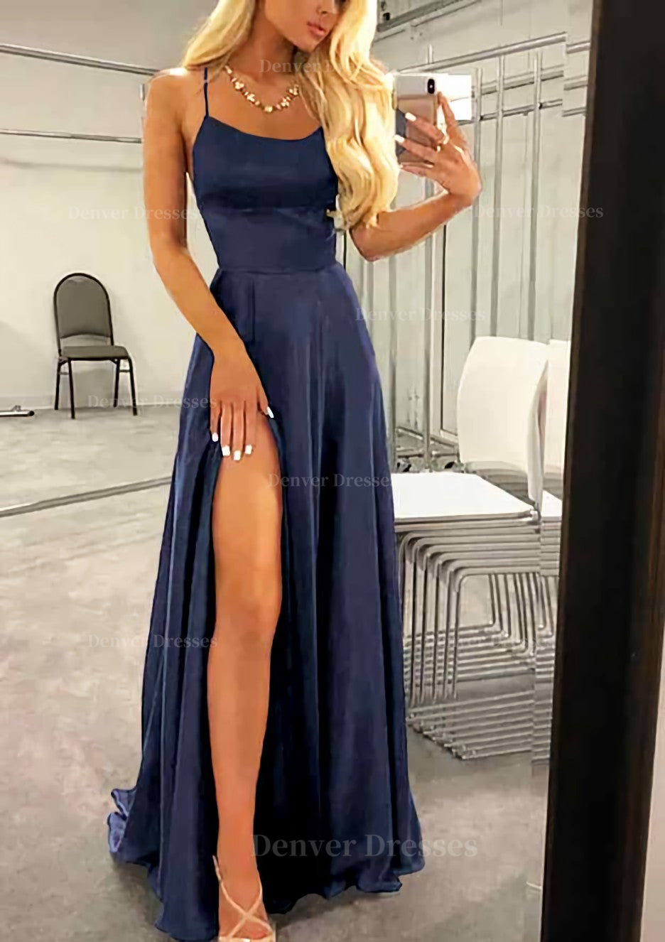 Casual Gown, A-line Bateau Spaghetti Straps Sweep Train Charmeuse Prom Dress With Split