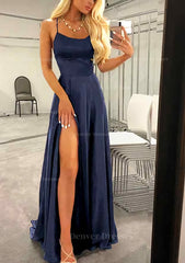 Casual Gown, A-line Bateau Spaghetti Straps Sweep Train Charmeuse Prom Dress With Split