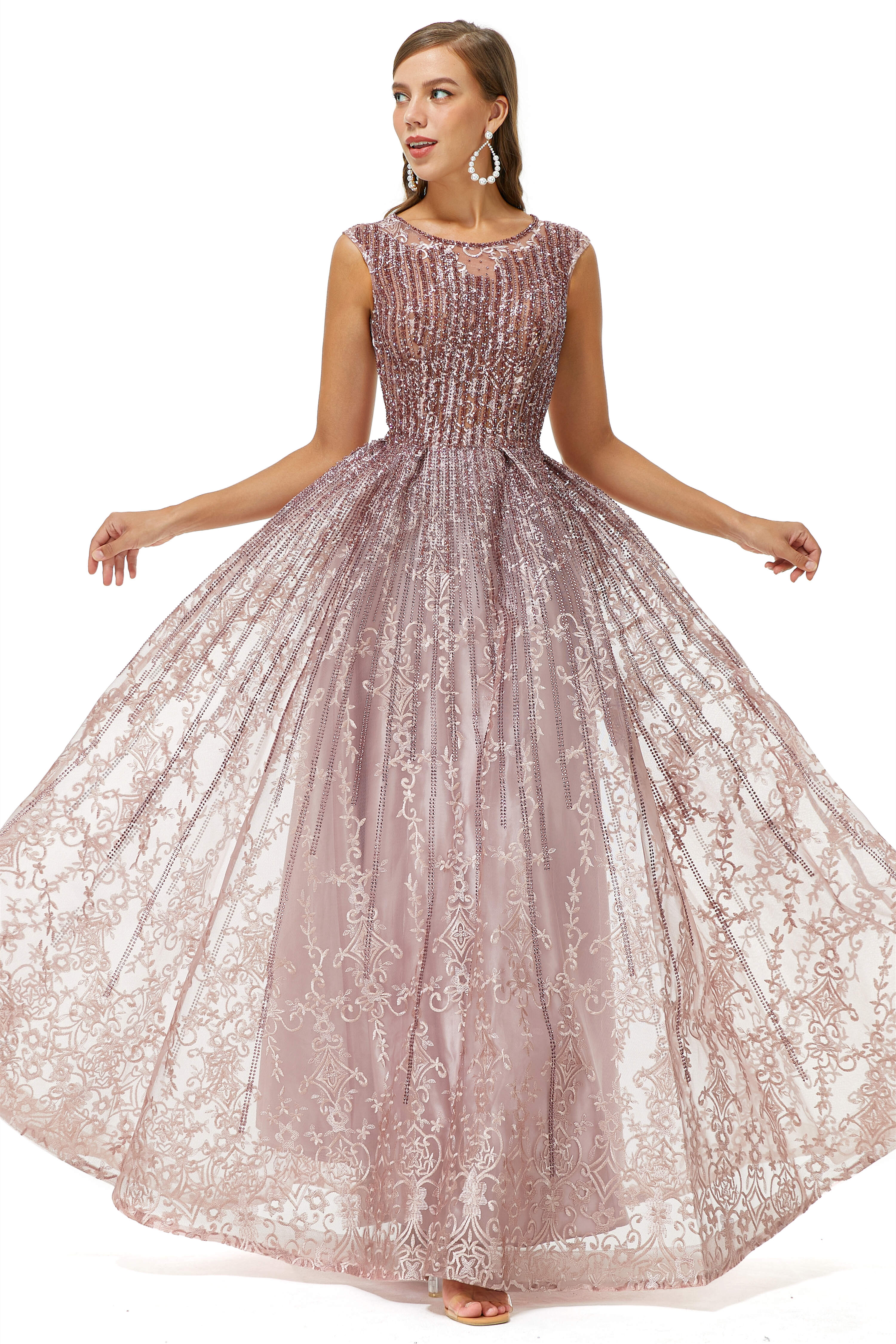 Bridesmaids Dress Convertible, A-Line Beaded Jewel Appliques Lace Floor-Length Cap Sleeve Prom Dresses