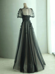 Prom Dresses 2022 Cheap, A-Line Black Puff Sleeves Tulle Long Prom Dress, Black Formal Evening Dress