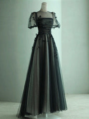 Prom Dress Size 16, A-Line Black Puff Sleeves Tulle Long Prom Dress, Black Formal Evening Dress