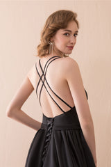 Homecoming Dress Shopping, A-Line Black V-neck Satin Backless Trail Prom Dresses