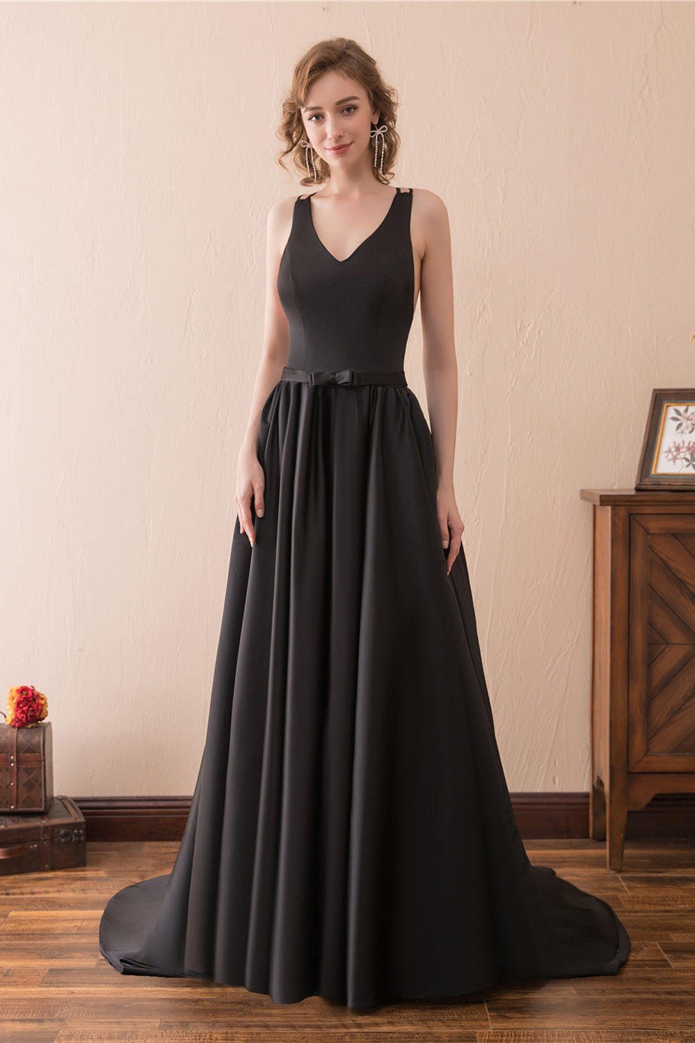 Homecoming Dresses Fashion Outfits, A-Line Black V-neck Satin Backless Trail Prom Dresses