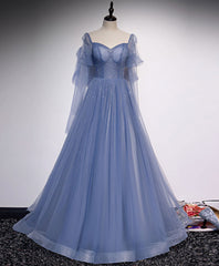 Prom Dress And Boots, A line Blue Long Prom Dress, Blue Formal Graduation Dress with Beading