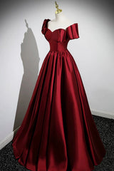 Winter Formal Dress, A-Line Burgundy Satin Floor Length Prom Dress, Off the Shoulder New Party Dress