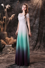 Homecoming Dresses Simples, A Line Cap Sleeve Ombre Silk Floor Length Prom Dresses