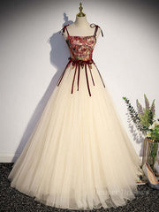 Prom Dresses Off The Shoulder, A line  champagne long prom dress, champagne tulle formal evening dress