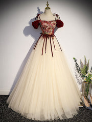 Prom Dress Red, A line Champagne Long Prom Dresses, Champagne Formal Gown With Beading Velvet