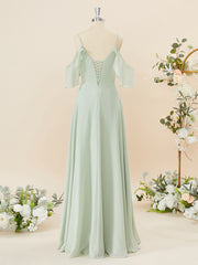 Prom Dresses Designer, A-line Chiffon Cold Shoulder Pleated Floor-Length Bridesmaid Dress