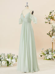 Prom Dress Design, A-line Chiffon Cold Shoulder Pleated Floor-Length Bridesmaid Dress