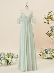 Prom Dress Designer, A-line Chiffon Cold Shoulder Pleated Floor-Length Bridesmaid Dress