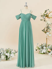 Prom Dresses Brand, A-line Chiffon Cold Shoulder Pleated Floor-Length Bridesmaid Dress