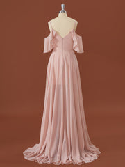 Prom Dress With Long Sleeves, A-line Chiffon Cold Shoulder Pleated Floor-Length Bridesmaid Dress