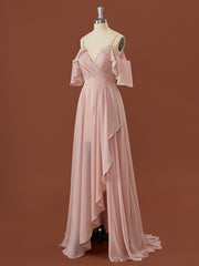 Prom Dresses With Long Sleeves, A-line Chiffon Cold Shoulder Pleated Floor-Length Bridesmaid Dress