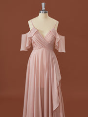 Prom Dress Casual, A-line Chiffon Cold Shoulder Pleated Floor-Length Bridesmaid Dress