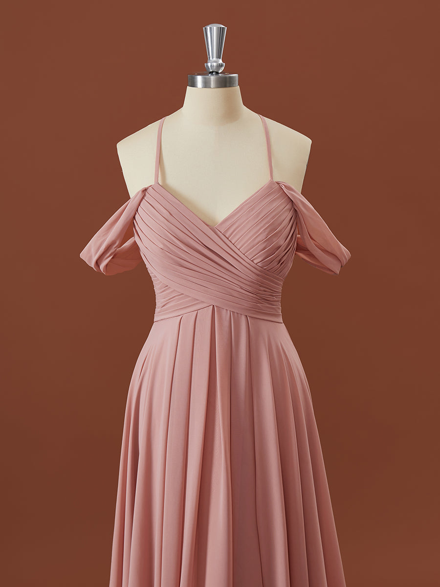 Prom Dresses Online, A-line Chiffon Cold Shoulder Pleated Floor-Length Bridesmaid Dress