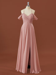 Prom Dress Under 108, A-line Chiffon Cold Shoulder Pleated Floor-Length Bridesmaid Dress