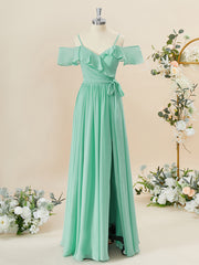 Homecoming Dresses Chiffon, A-line Chiffon Cold Shoulder Ruffles Floor-Length Bridesmaid Dress