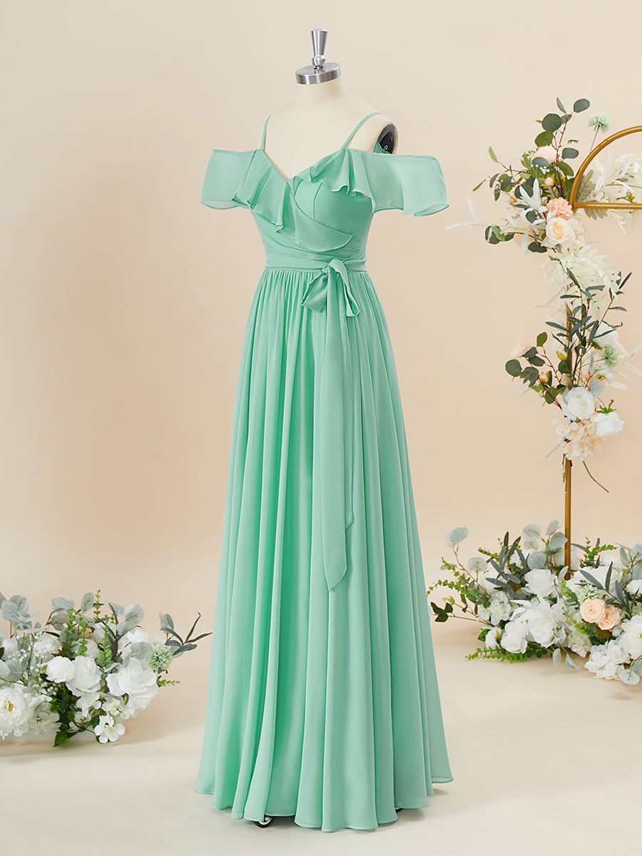 Homecoming Dress Chiffon, A-line Chiffon Cold Shoulder Ruffles Floor-Length Bridesmaid Dress