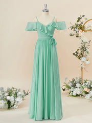 Homecoming Dresses Modest, A-line Chiffon Cold Shoulder Ruffles Floor-Length Bridesmaid Dress