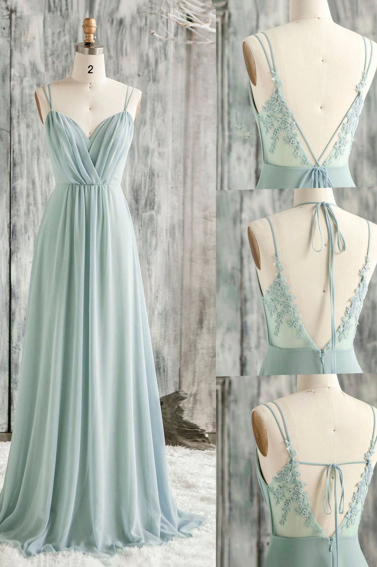 Party Dresses For Summer, A-Line Chiffon Lace Long Prom Dress, Green Spaghetti Strap Backless Evening Dress