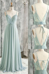 Party Dresses For Summer, A-Line Chiffon Lace Long Prom Dress, Green Spaghetti Strap Backless Evening Dress