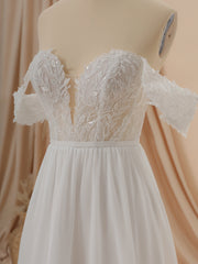 Wedding Dress Girls, A-line Chiffon Off-the-Shoulder Appliques Lace Court Train Wedding Dress