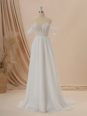 Wedding Dress Shoulder, A-line Chiffon Off-the-Shoulder Appliques Lace Court Train Wedding Dress
