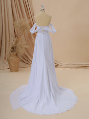 Wedding Dresses Cheap, A-line Chiffon Off-the-Shoulder Pleated Court Train Corset Wedding Dress