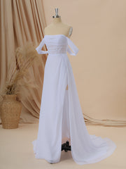 Wedding Dresses 2021, A-line Chiffon Off-the-Shoulder Pleated Court Train Corset Wedding Dress