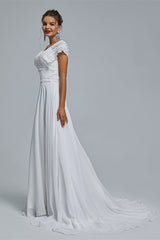 Wedding Dress Sleeve, A-Line Chiffon V-Neck Applique Floor-Length Wedding Dresses