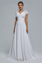 Wedding Dress Chic, A-Line Chiffon V-Neck Applique Floor-Length Wedding Dresses