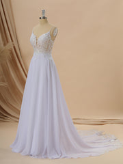 Wedding Dresses Elegant Simple, A-line Chiffon V-neck Appliques Lace Cathedral Train Wedding Dress