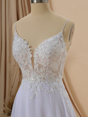 Wedding Dress Elegant Simple, A-line Chiffon V-neck Appliques Lace Cathedral Train Wedding Dress