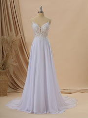 Wedding Dress Elegant Classy, A-line Chiffon V-neck Appliques Lace Cathedral Train Wedding Dress