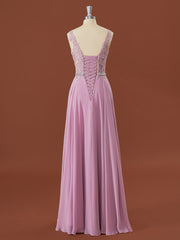 Prom Dress Long, A-line Chiffon V-neck Appliques Lace Floor-Length Bridesmaid Dress