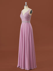 Prom Dresses Ball Gown, A-line Chiffon V-neck Appliques Lace Floor-Length Bridesmaid Dress