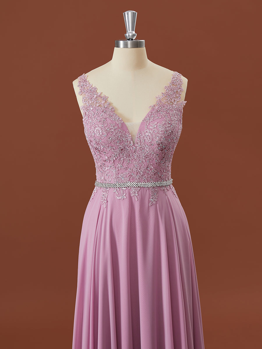 Prom Dresses Vintage, A-line Chiffon V-neck Appliques Lace Floor-Length Bridesmaid Dress
