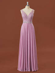 Prom Dresses 2030, A-line Chiffon V-neck Appliques Lace Floor-Length Bridesmaid Dress