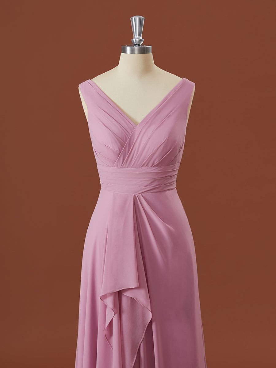 Prom Dresses Stores, A-line Chiffon V-neck Pleated Floor-Length Bridesmaid Dress