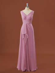 Prom Dresses For Girls, A-line Chiffon V-neck Pleated Floor-Length Bridesmaid Dress