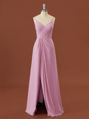 Prom Dress Tight, A-line Chiffon V-neck Pleated Floor-Length Bridesmaid Dress