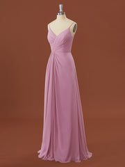 Prom Dress Gown, A-line Chiffon V-neck Pleated Floor-Length Bridesmaid Dress